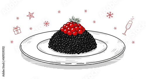 Exquisite illustration showcasing a festive dish of caviar adorned with vibrant red berries