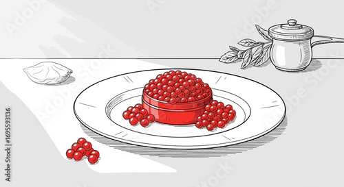 Elegant Illustration of Red Caviar Served on a Plate, Complemented by Classic Tableware