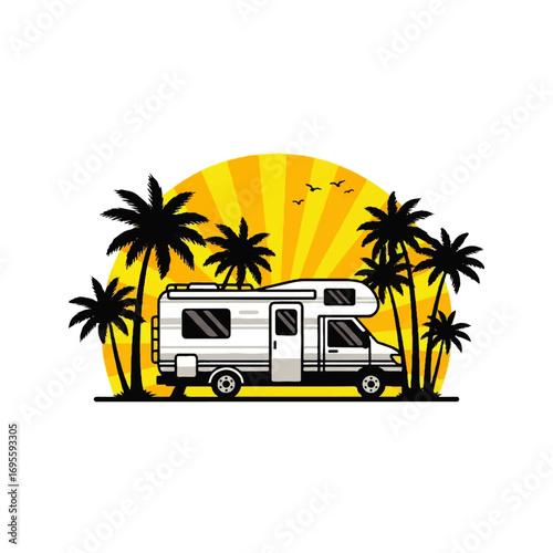 Tropical Road Trip RV Adventure Among Palm Trees at Sunset