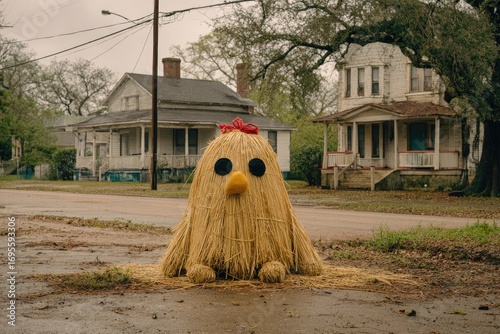 Fototapeta Naklejka Na Ścianę i Meble -  Hay bale chicken in front of weathered houses