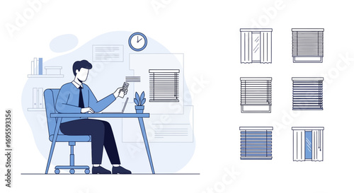 Illustration of a man working at a desk with window blinds options on the side for home design