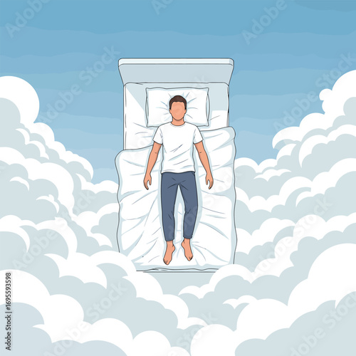 Man sleeping peacefully on a bed floating among soft clouds.