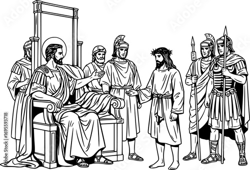 Silhouette Vector, Biblical Vector Illustration – Way of the Cross First Station, Pilate Condemns Jesus to Die, Christian Religious Artwork