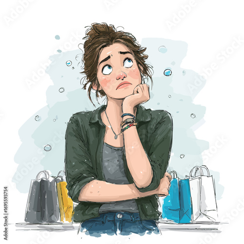 A young woman stands with a thoughtful expression, glancing upward. She has shopping bags in various colors beside her as she considers her purchases.