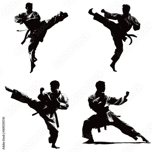 Four martial artists perform impressive moves, demonstrating agility and strength in a training session in a dojo, dressed in traditional uniforms with focus and intensity.