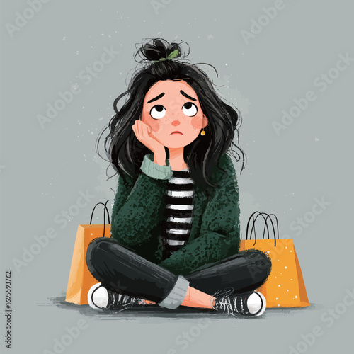 A girl with casual attire sits on the ground, looking bored and contemplating her shopping experience while bags are nearby. Her expression reflects weary frustration.