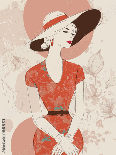 A stylish woman dressed in a floral orange dress and wide-brimmed hat stands gracefully. She exudes confidence and sophistication against a pastel background.