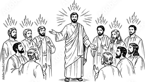 Silhouette Vector, Biblical Vector Illustration – Peter Filled with the Holy Spirit in Acts 2:4 Speaking in Tongues with Disciples Christian Artwork