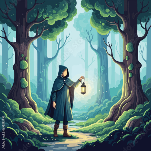 Mysterious hooded figure holding a lantern in a mystical forest.