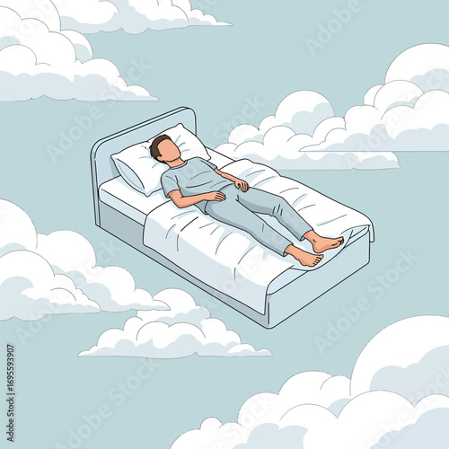 Man peacefully sleeping on a bed floating among clouds.