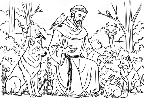 Silhouette Vector, Saint Francis of Assisi with Animals Vector Illustration – Christian Artwork of Saint in the Woods with Birds and Wildlife