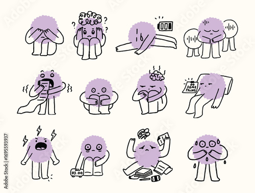 Expressive Doodle Pom-Pom Monster Icons Depicting Burnout, Stress, Overwhelm, and Mental Health Emotions