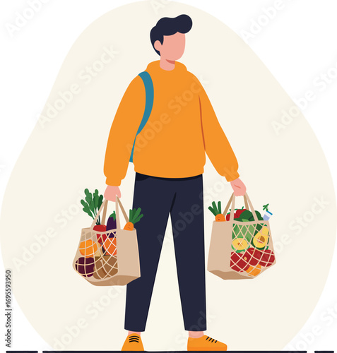 Person carrying reusable shopping bags filled with fresh produce.