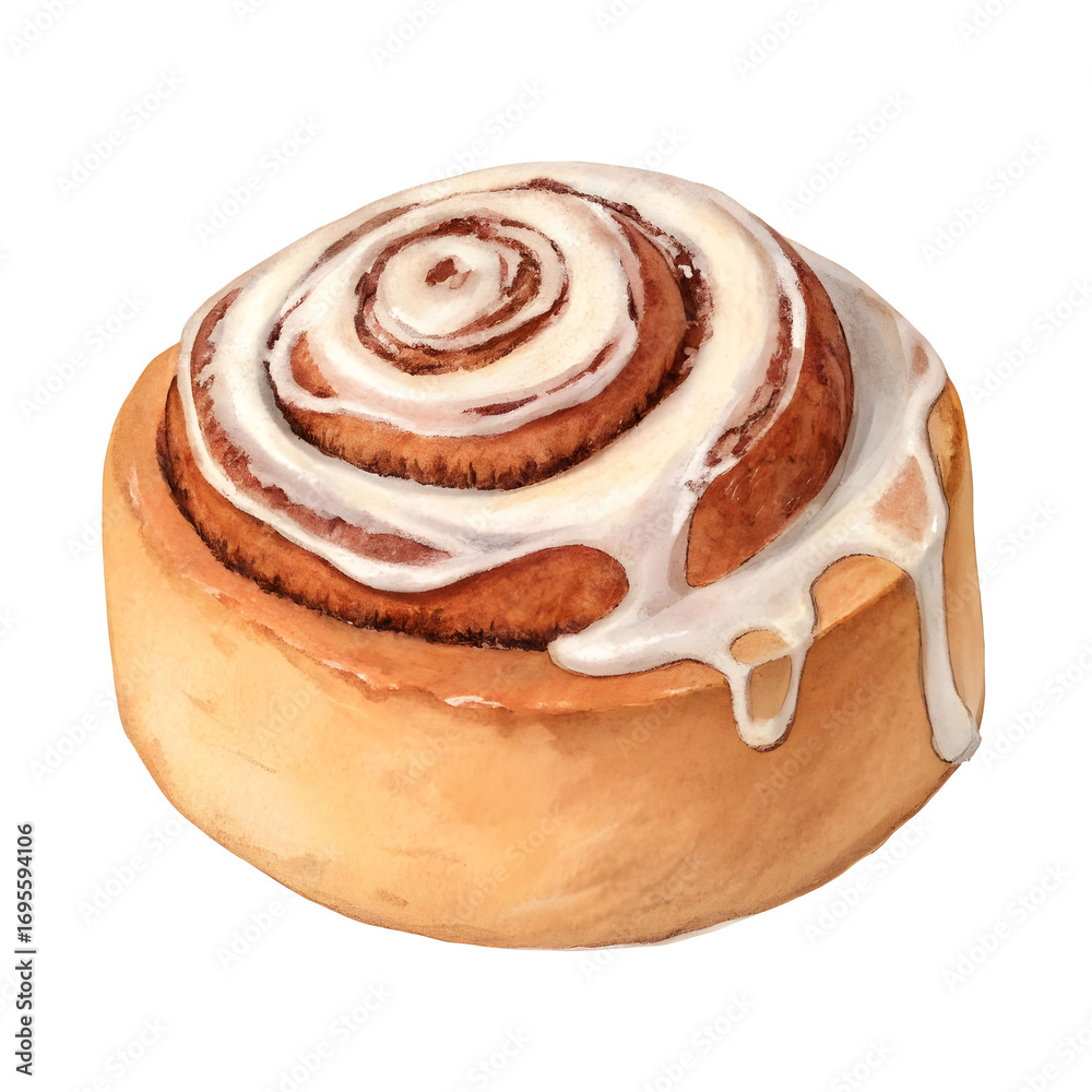 Fototapeta premium Soft cinnamon roll topped with sweet icing, isolated on a white background perfect for showcasing fresh baked