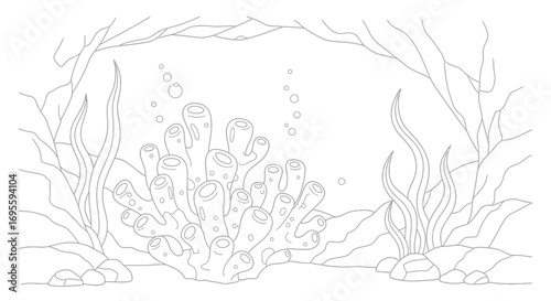 Undersea coral reef scene with seaweed and rocks, a vector line drawing for kids