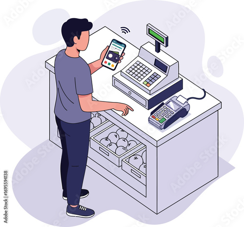 Person using smartphone for contactless payment at checkout counter with fruits.