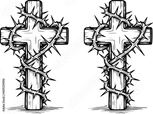 Silhouette Vector, Thorny Plant Wrapped Around Cross Vector Illustration – Religious Symbol of Faith, Sacrifice, Passion of Christ and Easter Design