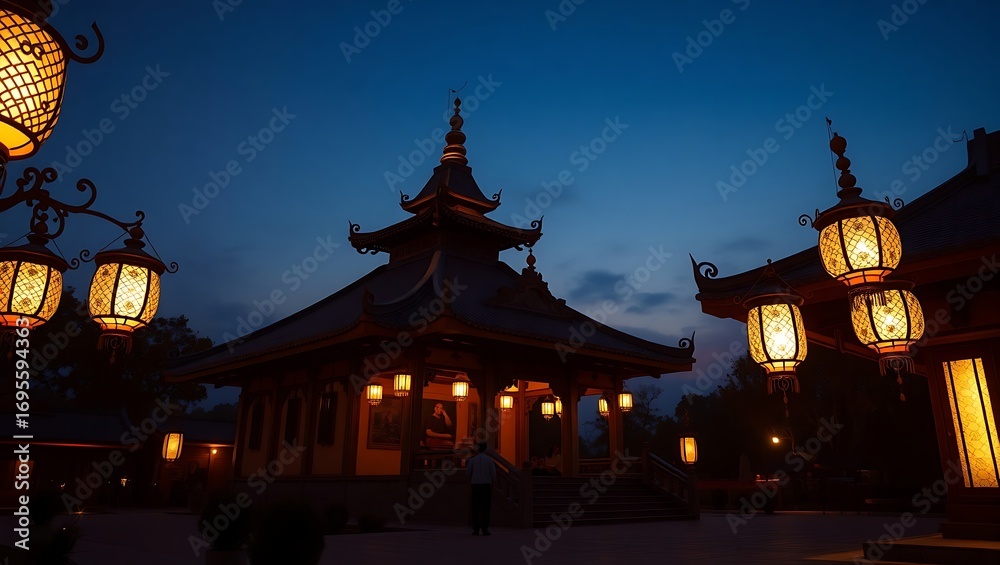 Fototapeta premium Illuminated pagoda and lanterns at twilight hour