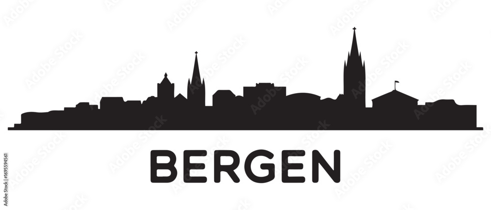 Fototapeta premium Bergen skyline silhouette. Black Bergen city design. Vector black silhouette. with white background