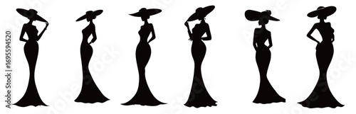 Six elegant figures are displayed in stylish hats and form-fitting gowns, each striking a unique pose to highlight grace and fashion.
