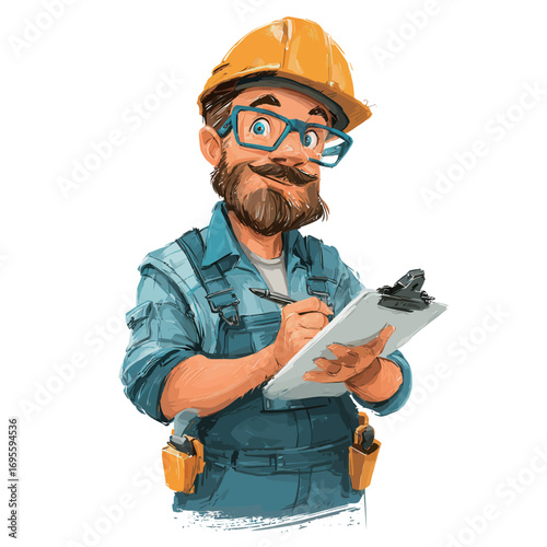 A construction worker wearing a helmet and glasses writes on a clipboard while standing at a worksite. Tools are visible in his pockets, and he appears focused.