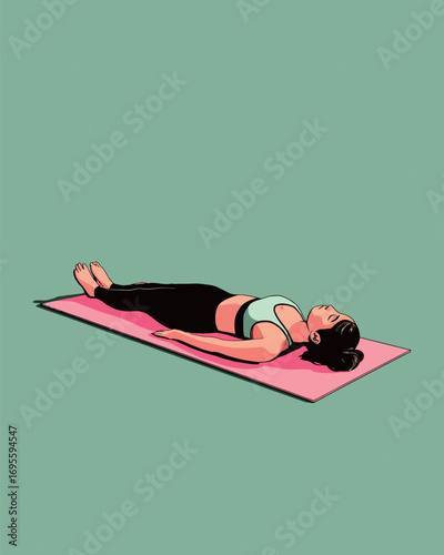 A woman is lying flat on a yoga mat, focusing on her breath and relaxation. The setting is tranquil with a soft green background, ideal for meditation and mindfulness.