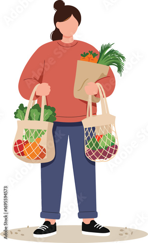 Woman holding reusable shopping bags filled with fresh produce.