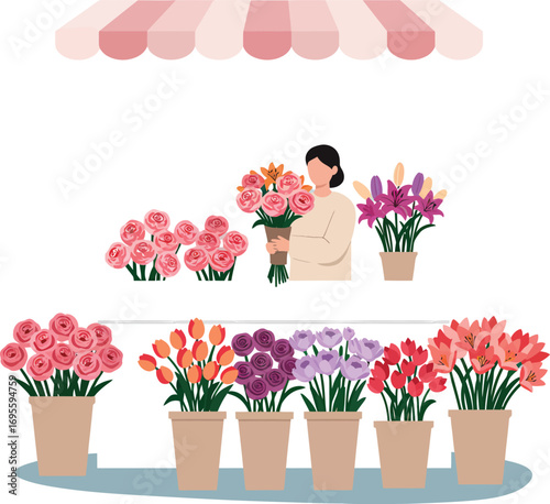 A florist arranging a bouquet of colorful flowers at a market stall.