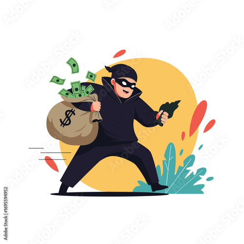 Cartoon thief running with a bag of money and a gun, escaping with loot after a bank robbery