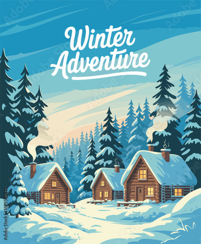Winter forest retreat scene featuring snow‑blanketed forest, wooden tourist shelters nestled among frosted trees and soft twilight glow, inviting tranquil alpine escape and serene holiday atmosphere.