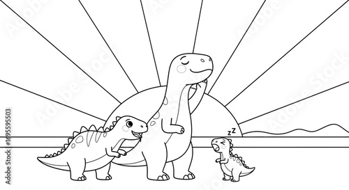 Adorable dinosaur family silhouette illustration at sunrise perfect for coloring pages and kids