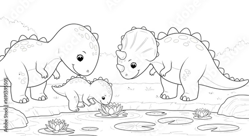 Adorable dinosaur family scene by a pond, perfect for children's coloring books or educational