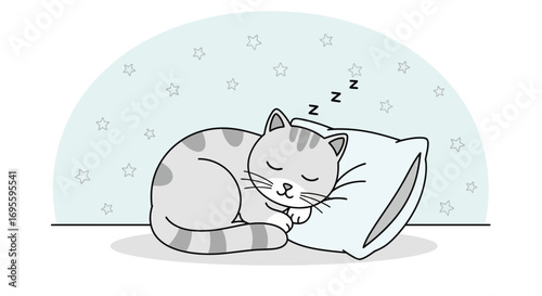 Adorable gray tabby cat sleeping soundly on a soft pillow with star background