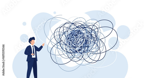 Businessman struggling with a complex problem represented by tangled line concept of overthinking
