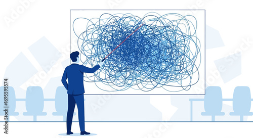 Businessman explaining complex project with tangled line illustration on whiteboard during