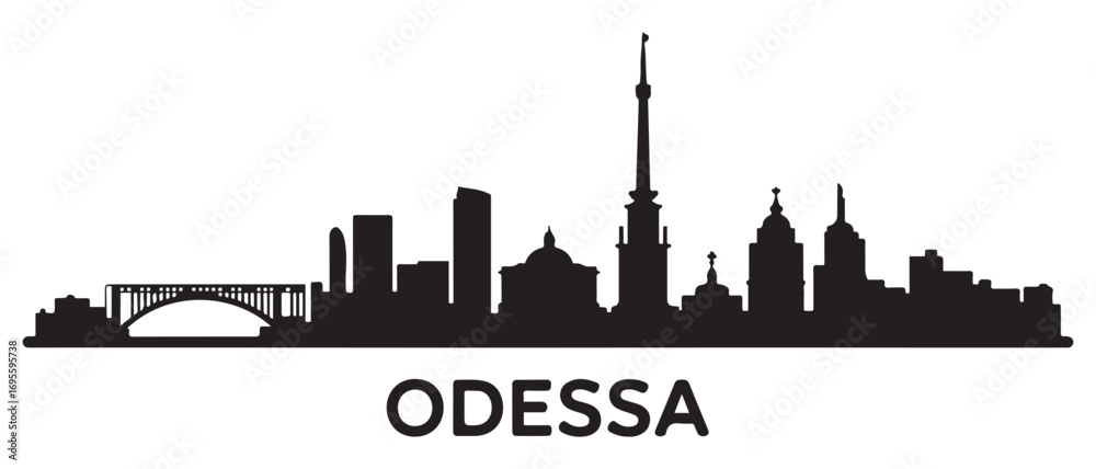 Obraz premium Odessa skyline horizontal banner. Odessa, Ukraine. Vector template for your design. Vector black silhouette. with white background.
