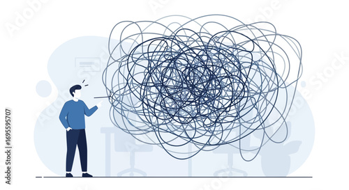 Conceptual illustration of a man facing tangled lines representing complex problems and confusion