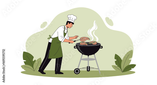 Chef prepares grilled meat outdoors during summer barbecue gathering illustration
