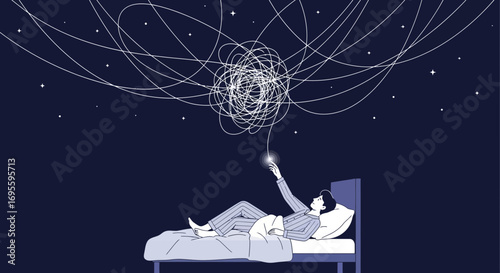 Conceptual illustration of a person in bed struggling with complex thoughts at night