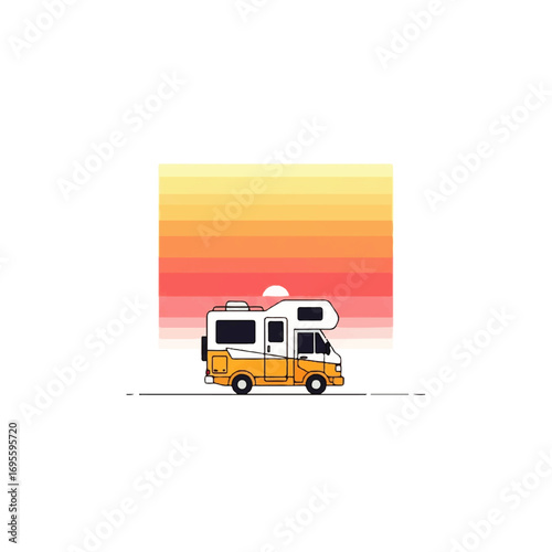 A vibrant minimalist illustration of a recreational vehicle embarking on a serene journey against a warm, striped sunset horizon, symbolizing freedom and adventure on the open road