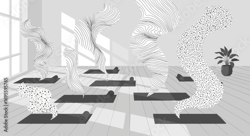 Conceptual yoga class with abstract figures, emphasizing wellness and inner peace through movement