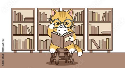 Cute cartoon cat wearing glasses reading a book sitting on a stool in a library