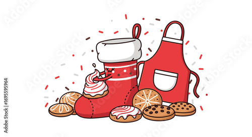 Festive Christmas baking scene with a decorated stocking and homemade cookies illustration