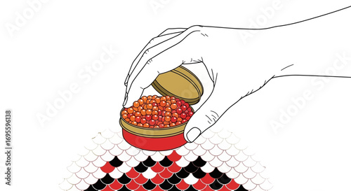 Hand opening a tin of vibrant red caviar over a decorative scale pattern background for luxury