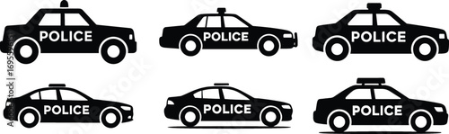 Collection of six different police car silhouettes in black and white for design projects silhouette