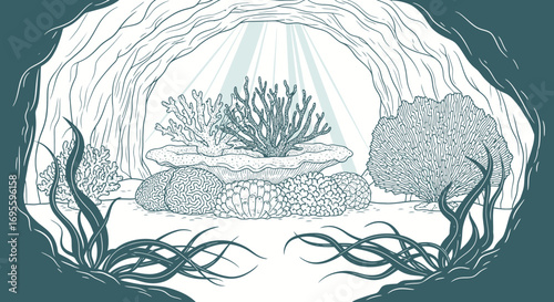 Hand-drawn underwater scene with coral reef inside a cave illuminated by sun rays