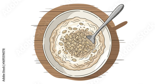 Hand-drawn oatmeal bowl with grains and a spoon for a healthy breakfast illustration