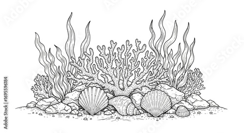 Hand drawn sea bottom composition featuring coral reefs seaweed and seashells in intricate detail