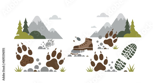Hiking Trail Illustration with Boot and Animal Tracks in Mountain Landscape for Outdoors Adventures