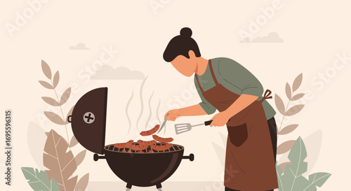 Illustration of a Person Grilling Sausages Outdoors with Nature Elements Around Creating a Relaxed